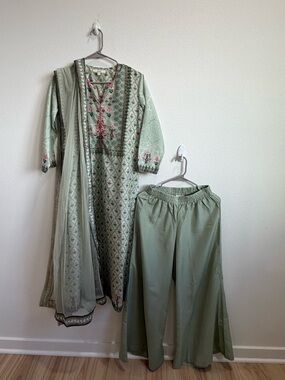 Light Sage Green Printed Kurta with Wide-Leg Salwar
